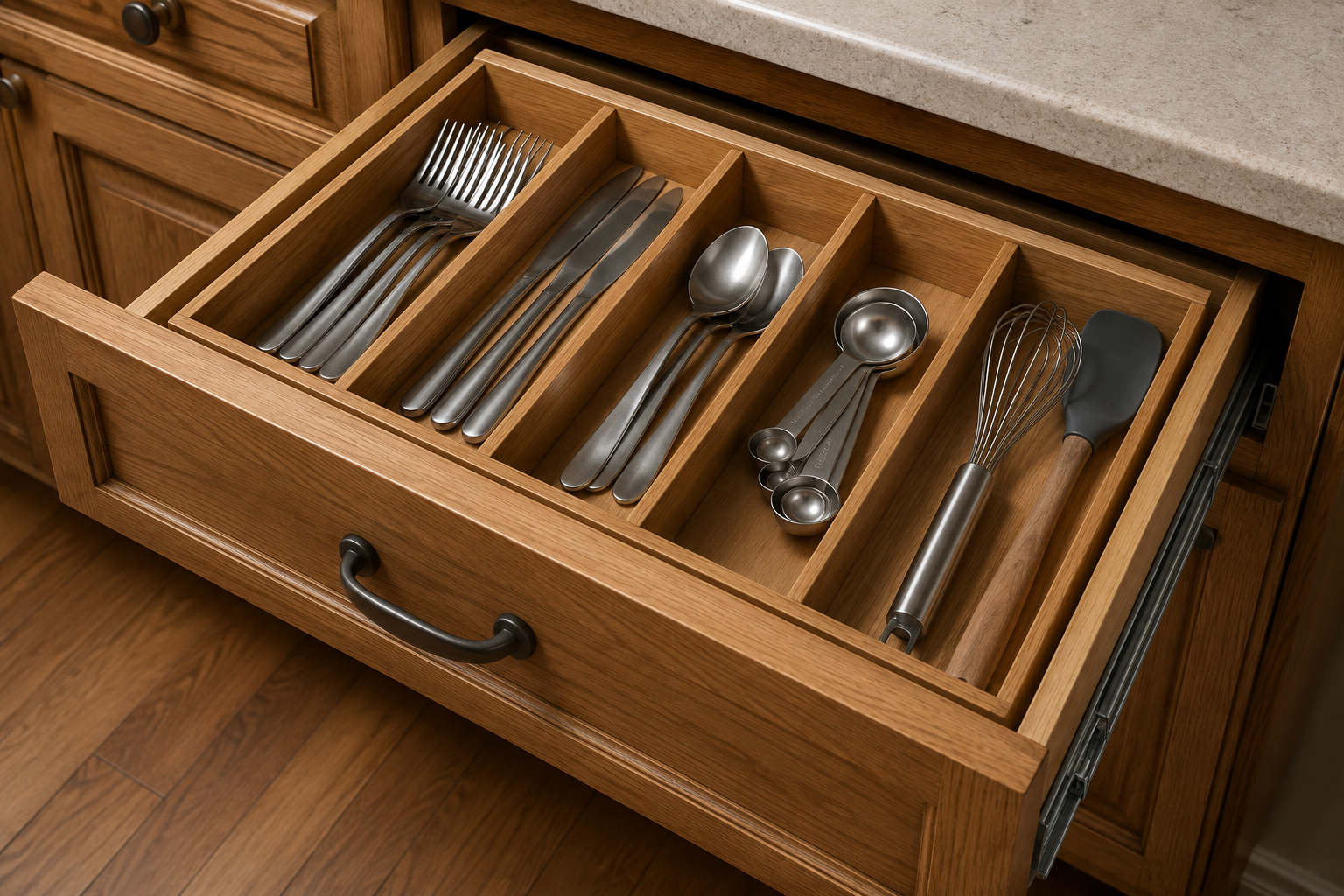 A shallow oak drawer contains a fitted wooden divider with forks, knives, spoons, measuring spoons, a whisk, and spatula below the closing line.
