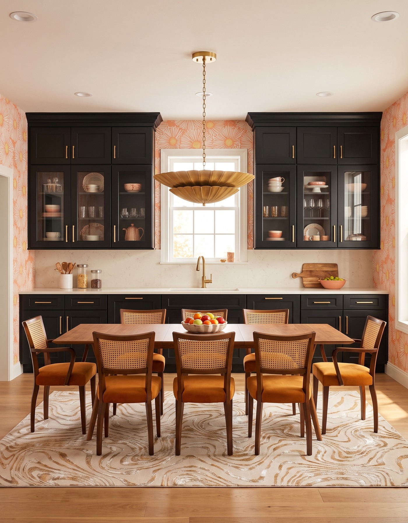 AI-created concept: Black kitchen cabinets with peach daisy wallpaper, mustard seats, warm wood and a golden pendant.