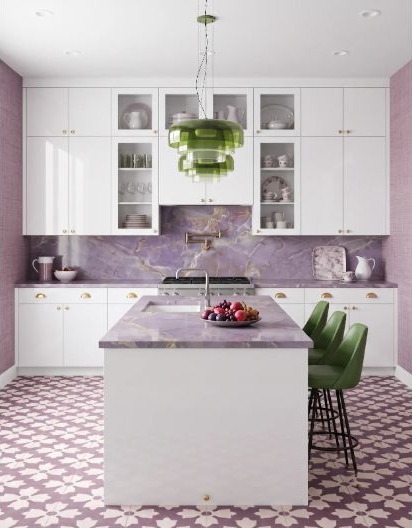 White flat-front gloss cabinets paired with a clear purple design statement.