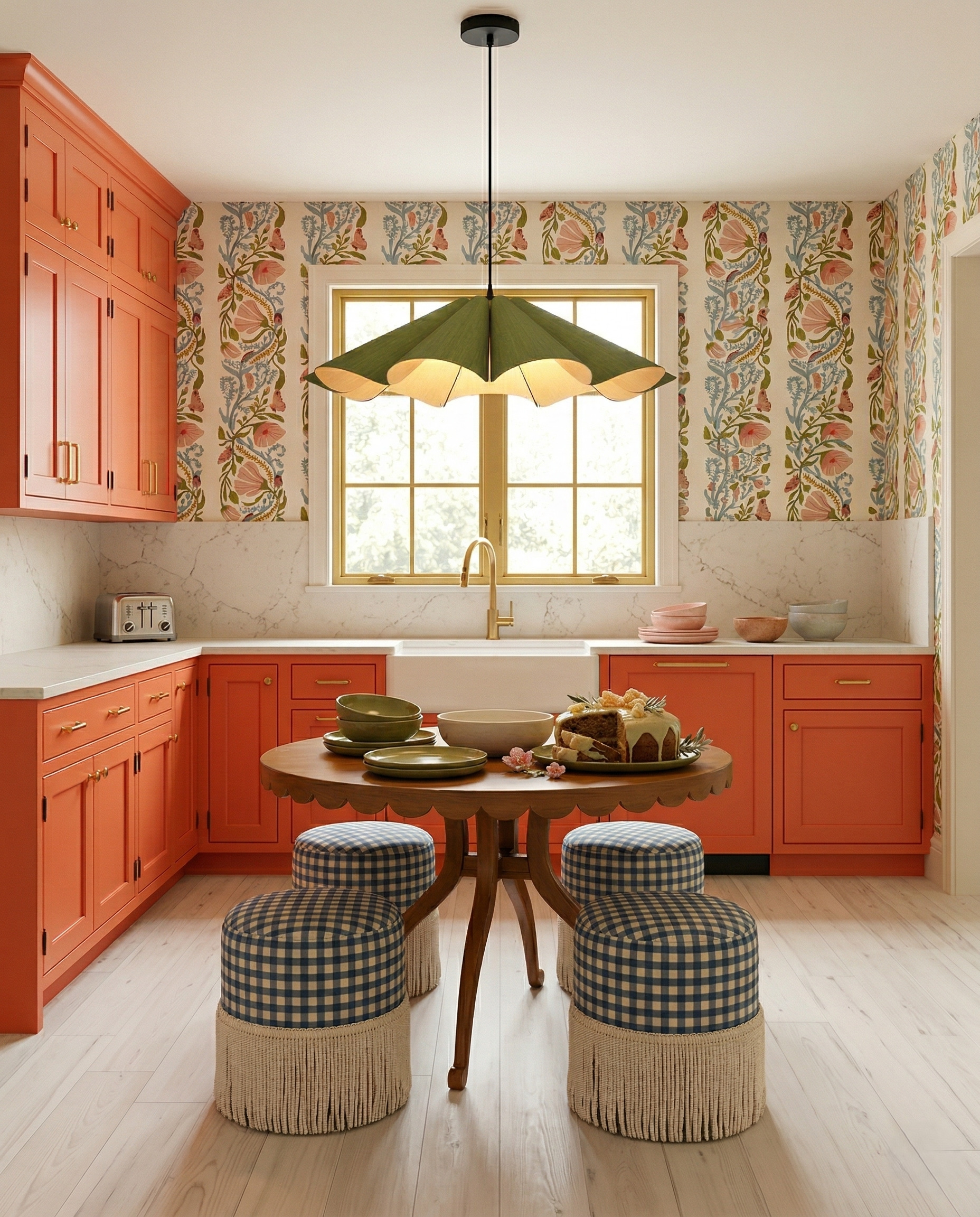 Coral sink cabinetry, botanical wallpaper and gingham upholstered stools around a small wood table above pale wood-look floorboards.