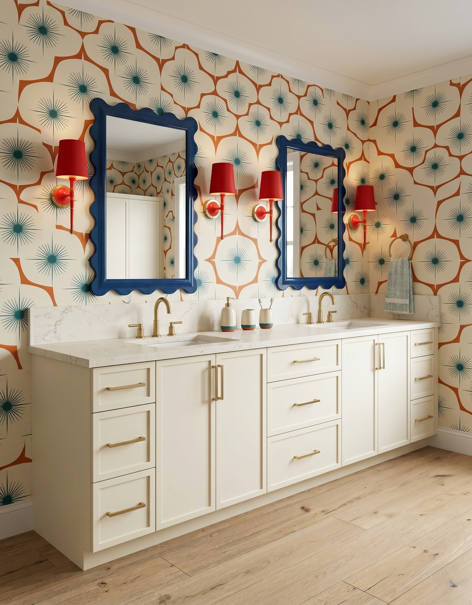 Blue scalloped mirrors with red shaded sconces, cream cabinetry and orange-and-teal starburst wallpaper.