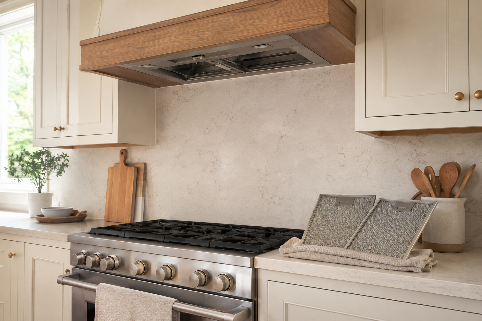 Kitchen hood with removable metal filters resting on a towel beside the blank unbranded range.