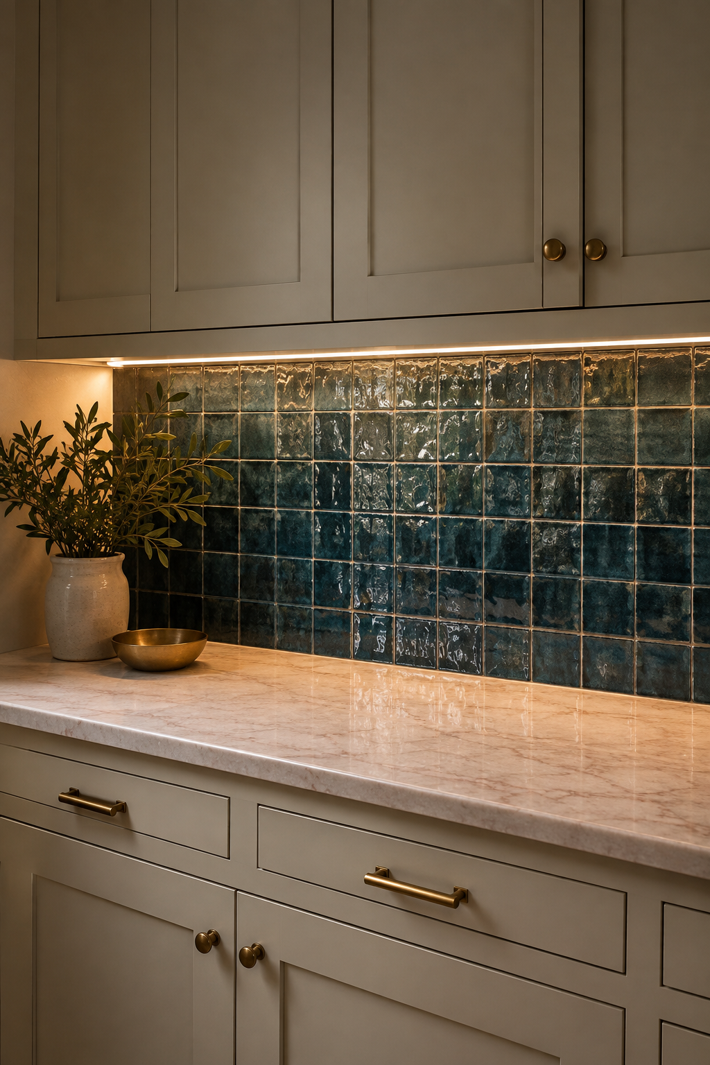Glossy blue-green tile revealing glaze variation and reflections beneath a warm under-cabinet task light.