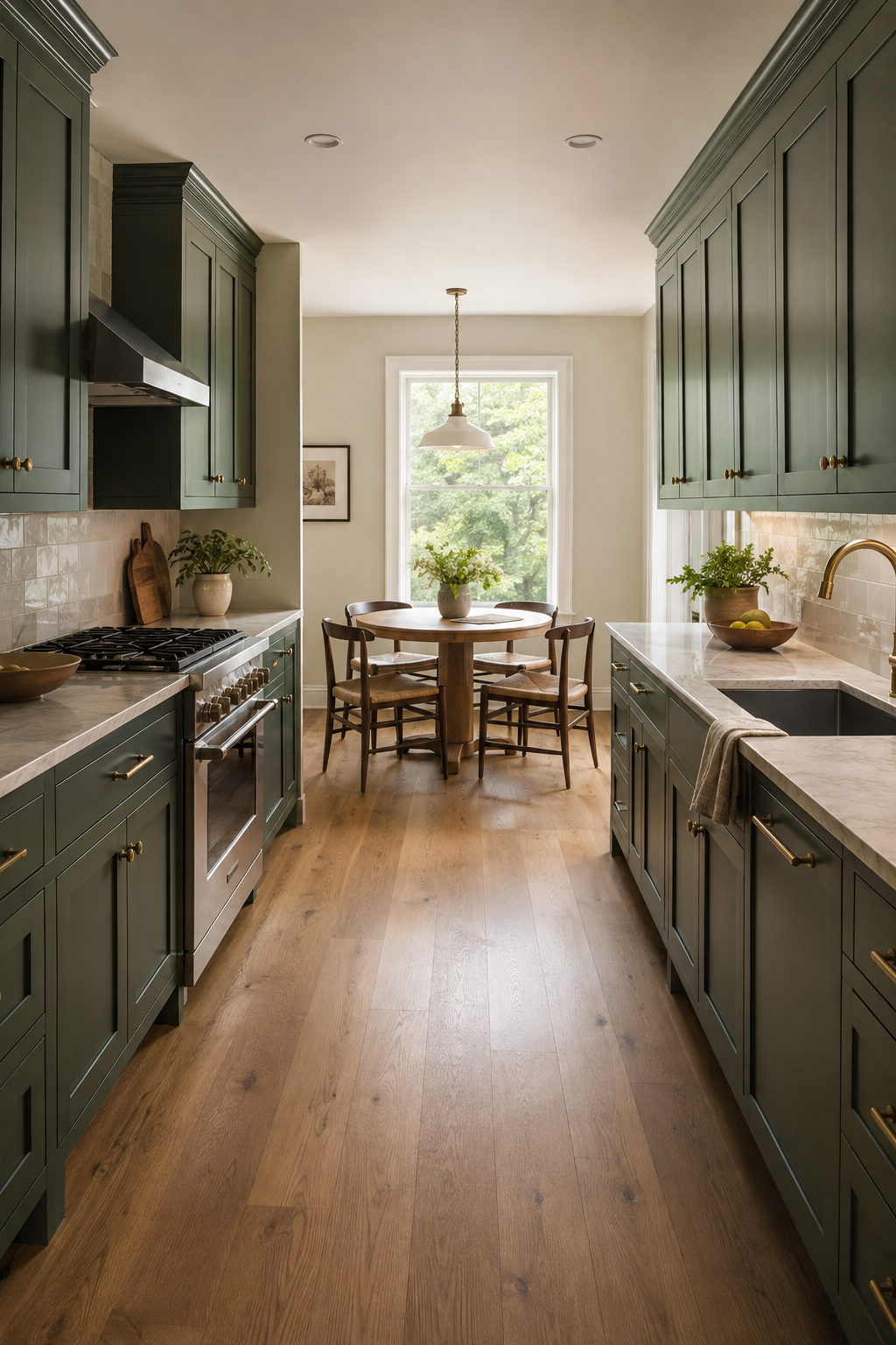 Deep green two-wall galley with a round four-chair table in a window nook beyond the working runs and a clear central aisle.