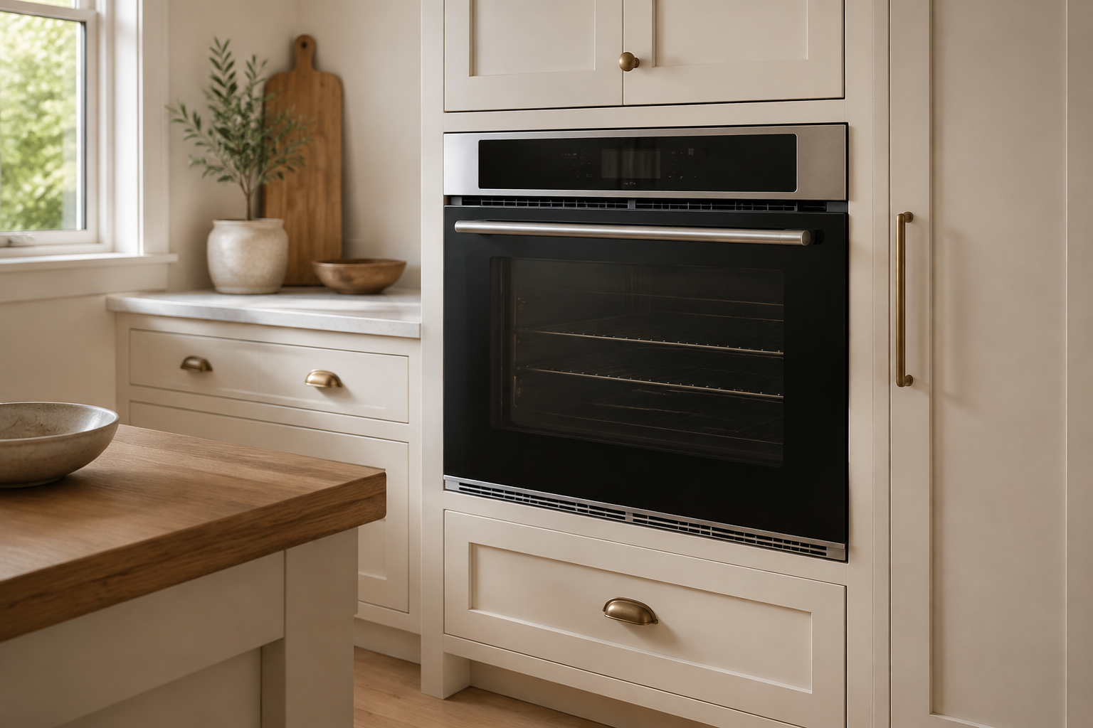 Close view of an unbranded wall oven face, even cabinet reveals, trim, and unobstructed ventilation slots.