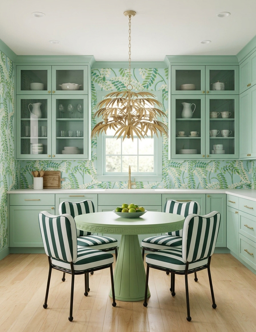 Mint-green kitchen cabinets and botanical wallpaper behind a green pedestal table, dark-green-and-white striped chairs and a gold leaf chandelier.