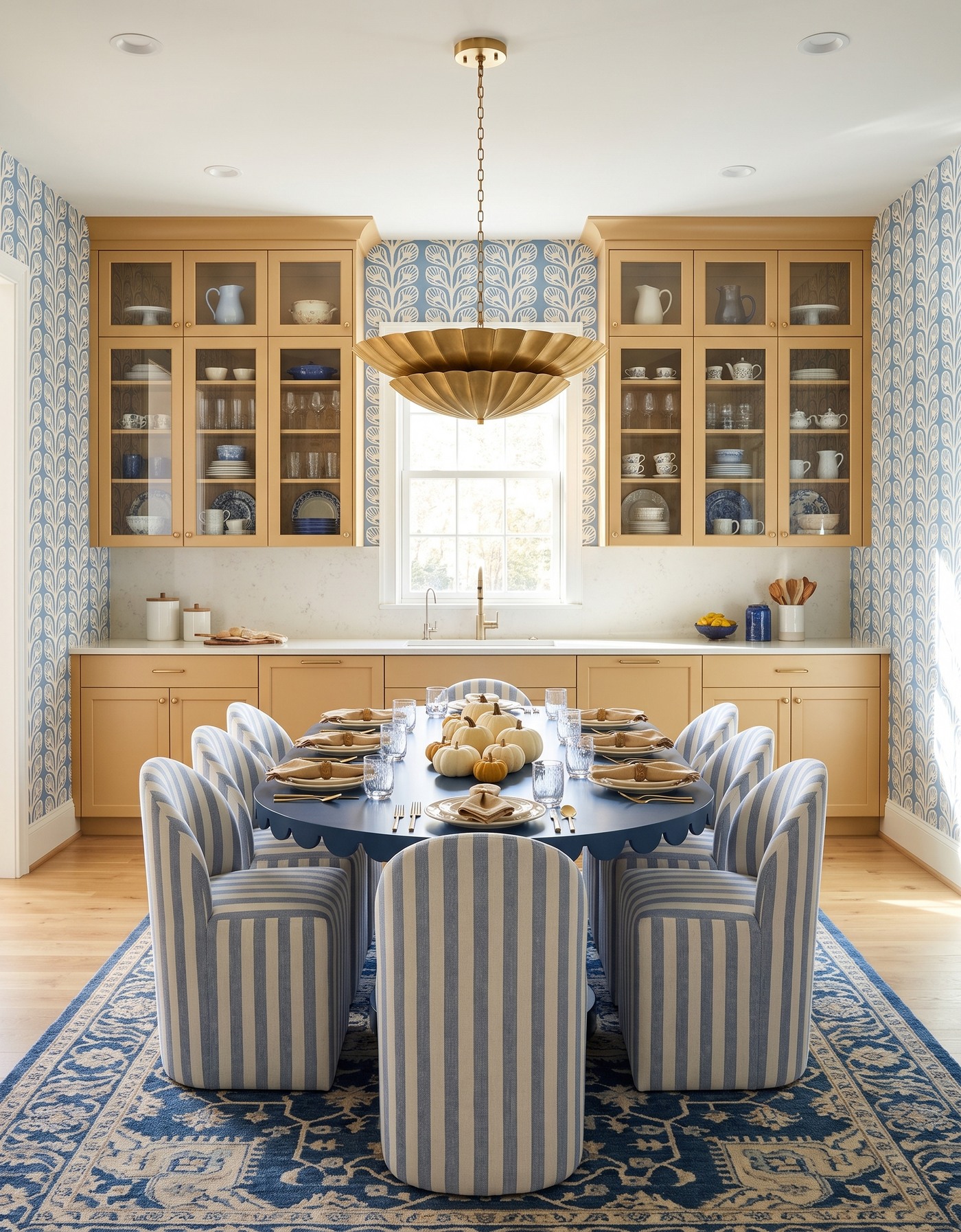 AI-created concept: Golden kitchen with blue leafy wallpaper, striped chairs and a blue scalloped table set with cream dishes.