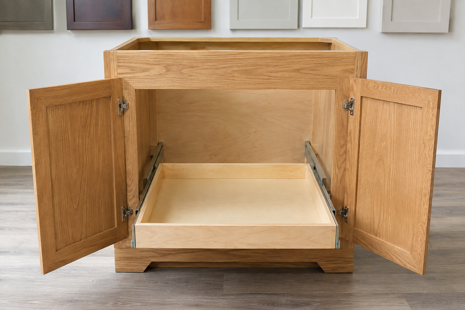 Empty rollout tray extended through the clear opening of a complete natural-oak face-frame base cabinet with two solid doors open.