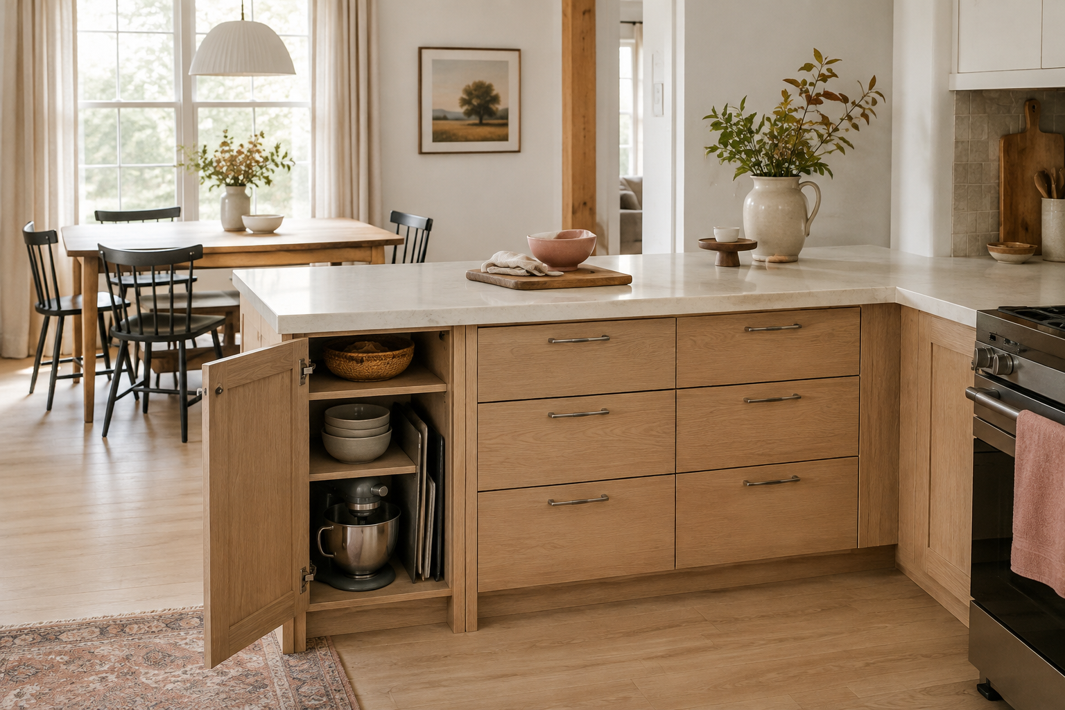 Attached peninsula with open cabinet storage for bowls, sheet pans, and a small appliance.