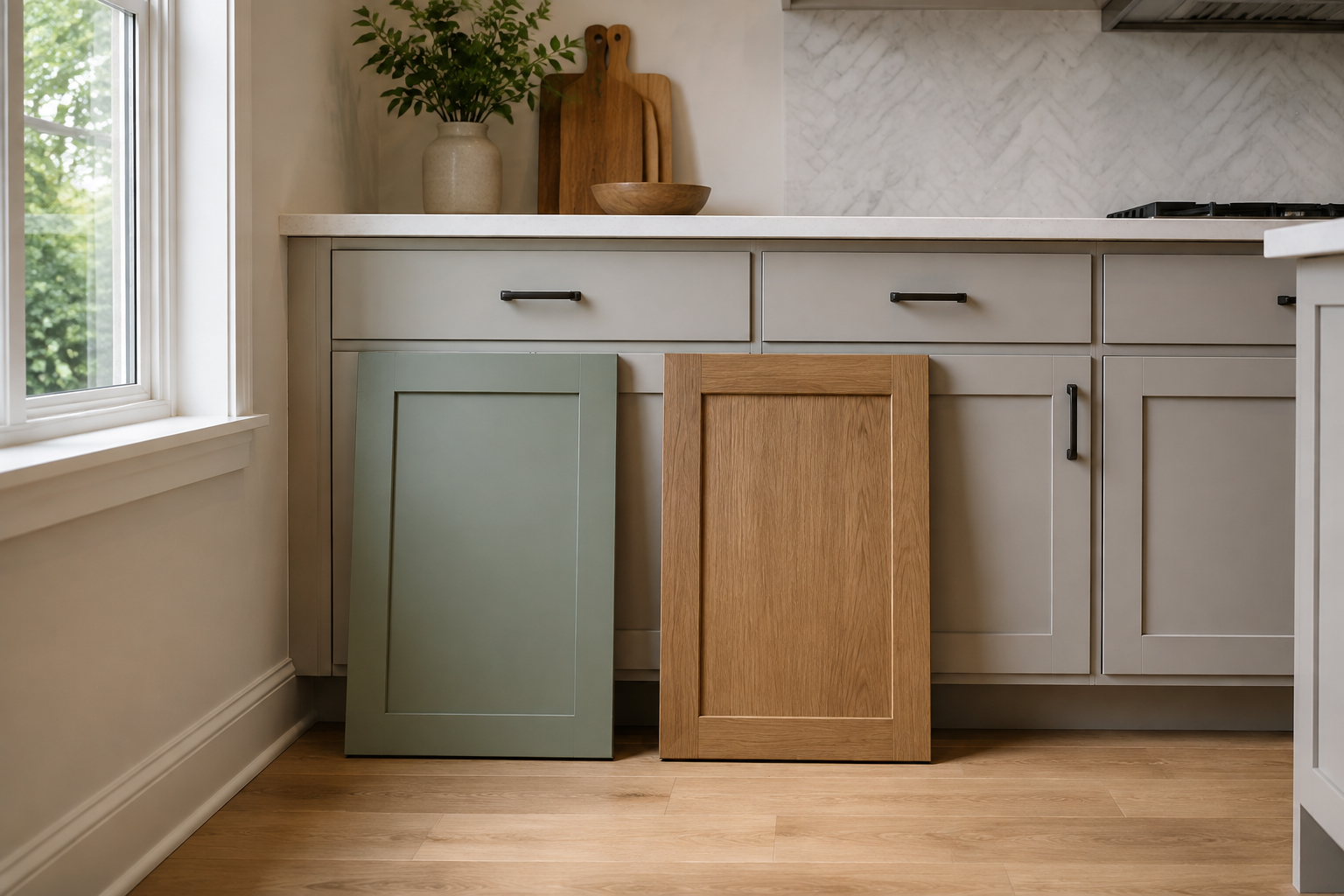 Large muted-green painted and natural-oak stained solid door samples propped vertically against closed kitchen cabinets beside a window.