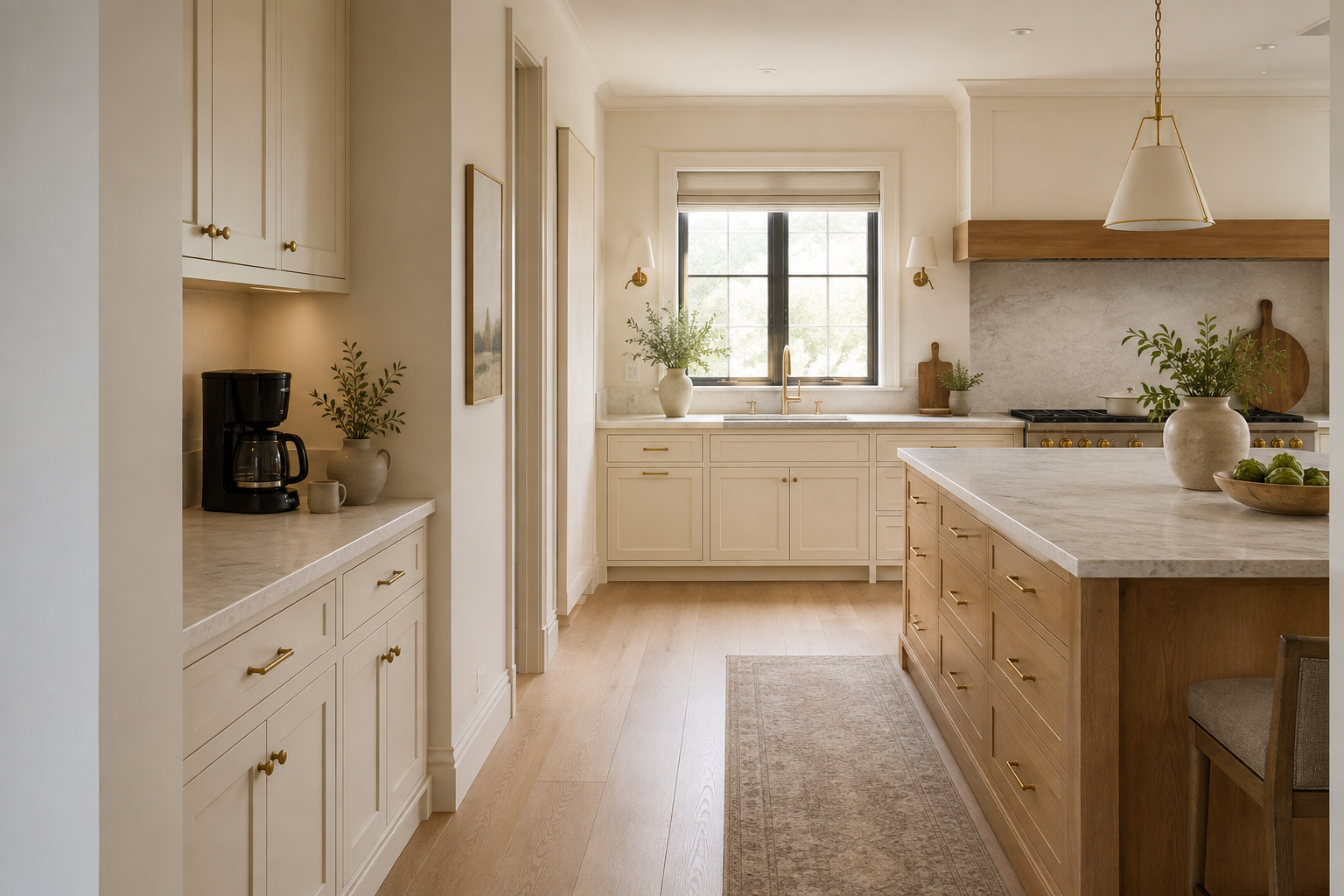 Compact coffee station on a side cabinet run outside the sink-range work aisle with a clear approach.