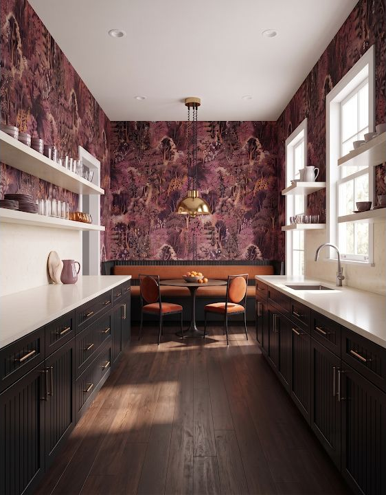 Concept image of a dramatic kitchen with deep plum pattern, dark cabinets, orange accents, and a dark natural wood floor.