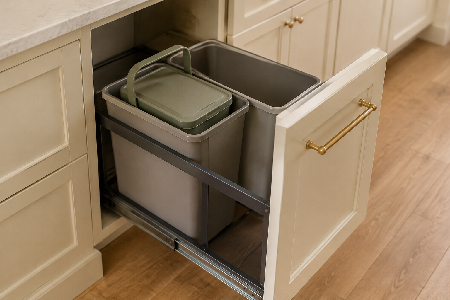 Small lidded compost caddy seated inside the front bin of a two-bin pullout with its carry handle raised for removal.