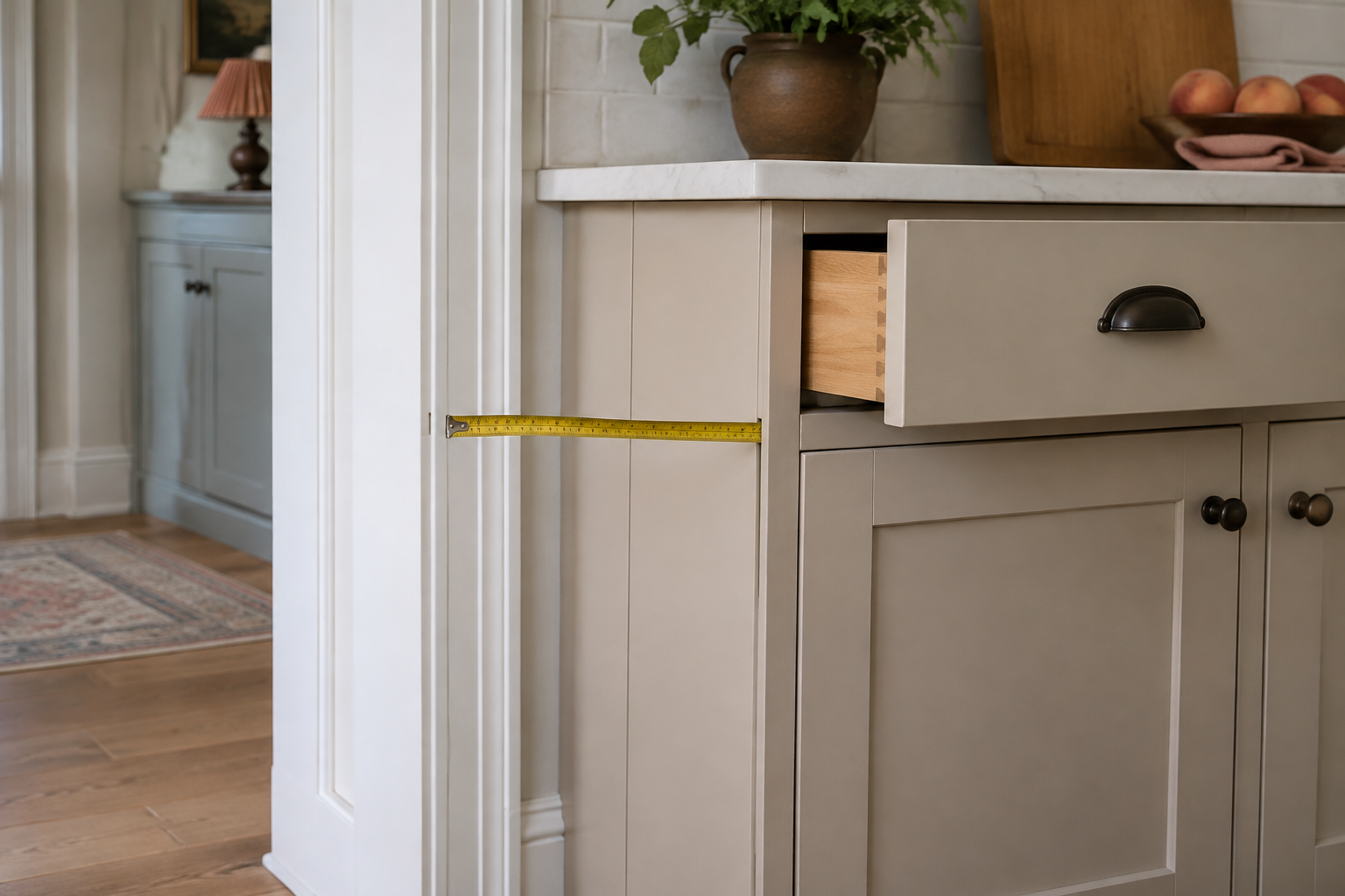 Cabinet end, filler, doorway casing, and partly open drawer showing a tight clearance condition.