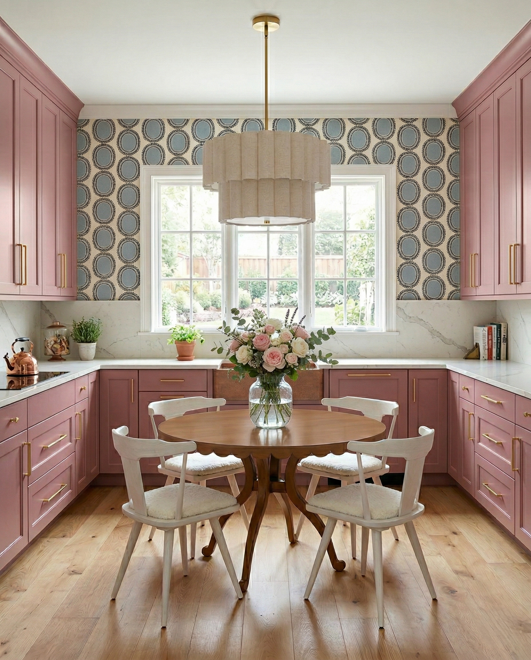 Dusty rose kitchen cabinets with powder-blue oval-medallion wallpaper, a cream tiered pendant and pale chairs around a scalloped wood table.