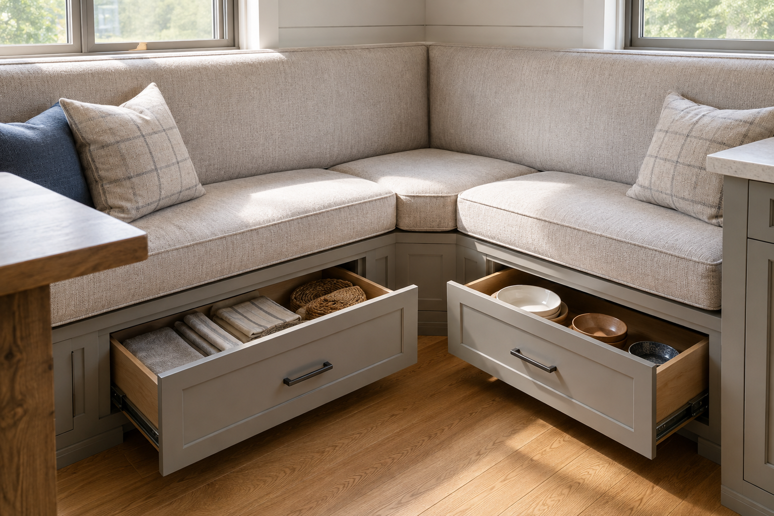 Two straight banquette storage drawers stop before a fixed inside-corner panel and open in different directions without colliding.