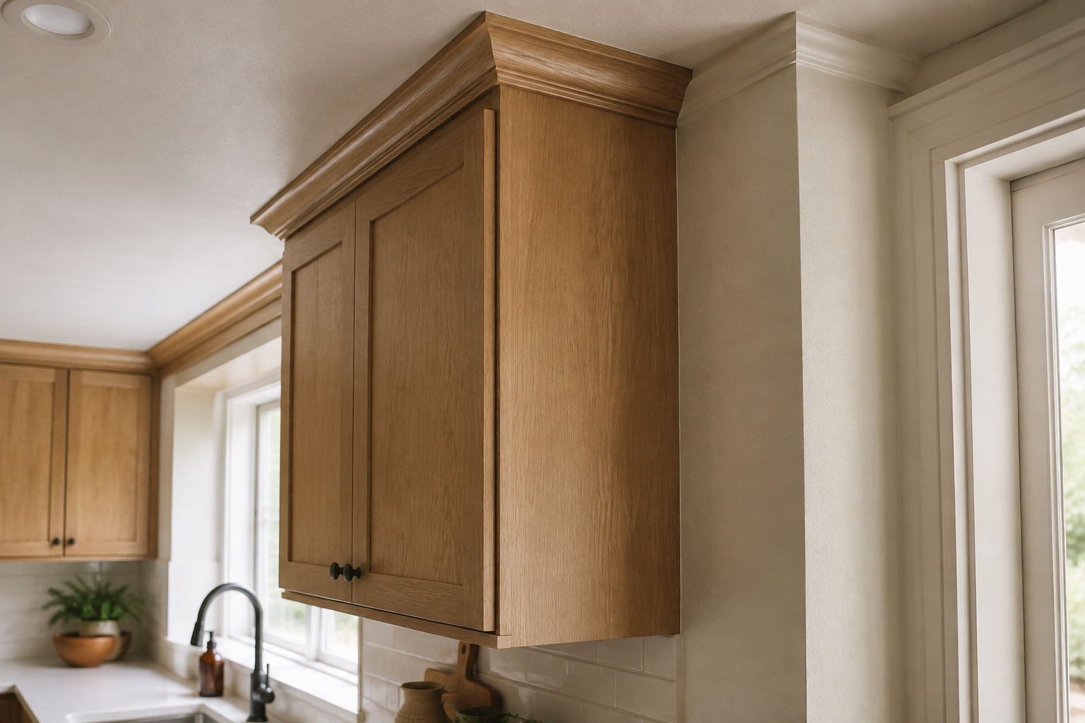 Close view of cabinet end panels, toe space, wall scribe, and ceiling trim meeting cleanly in a finished kitchen.