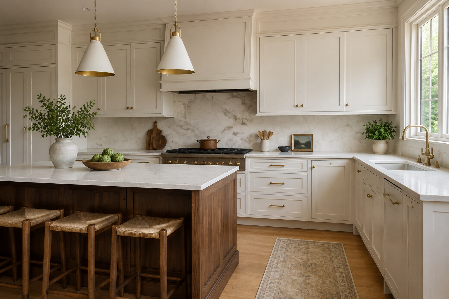 Soft cream cabinet doors with restrained applied molding, a walnut island, and a quiet stone backsplash.