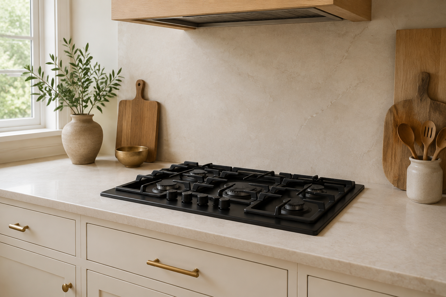 Installed black cooktop showing a clean stone border, front edge, side landing, and centered hood above.