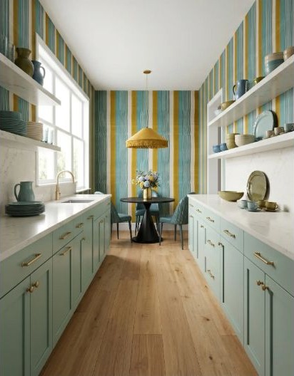 A striped kitchen wall acting as a focal point beside quieter cabinetry.