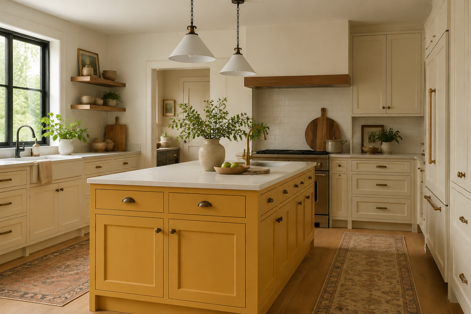 Muted mustard island surrounded by quiet cream perimeter cabinets and warm wood.