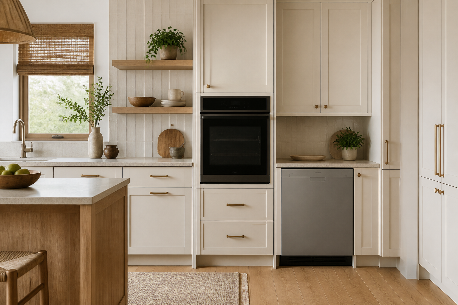 Unbranded wall oven and dishwasher openings framed by finished cabinet panels with accessible edges.