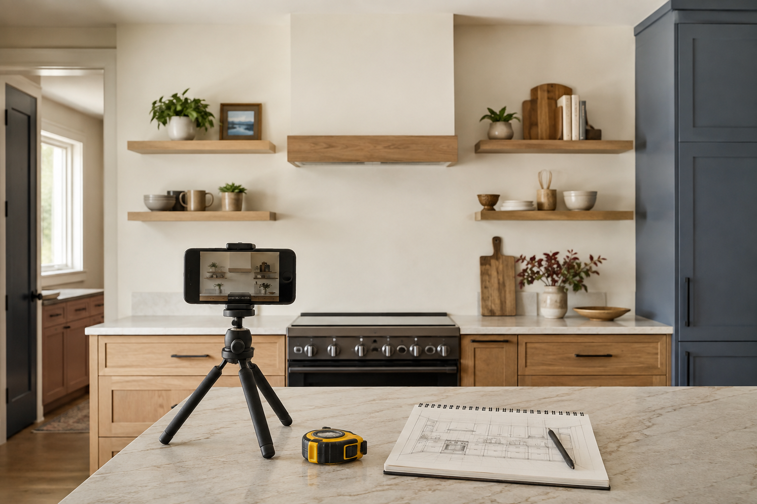Straight-on photographic record of a kitchen wall and its openings.
