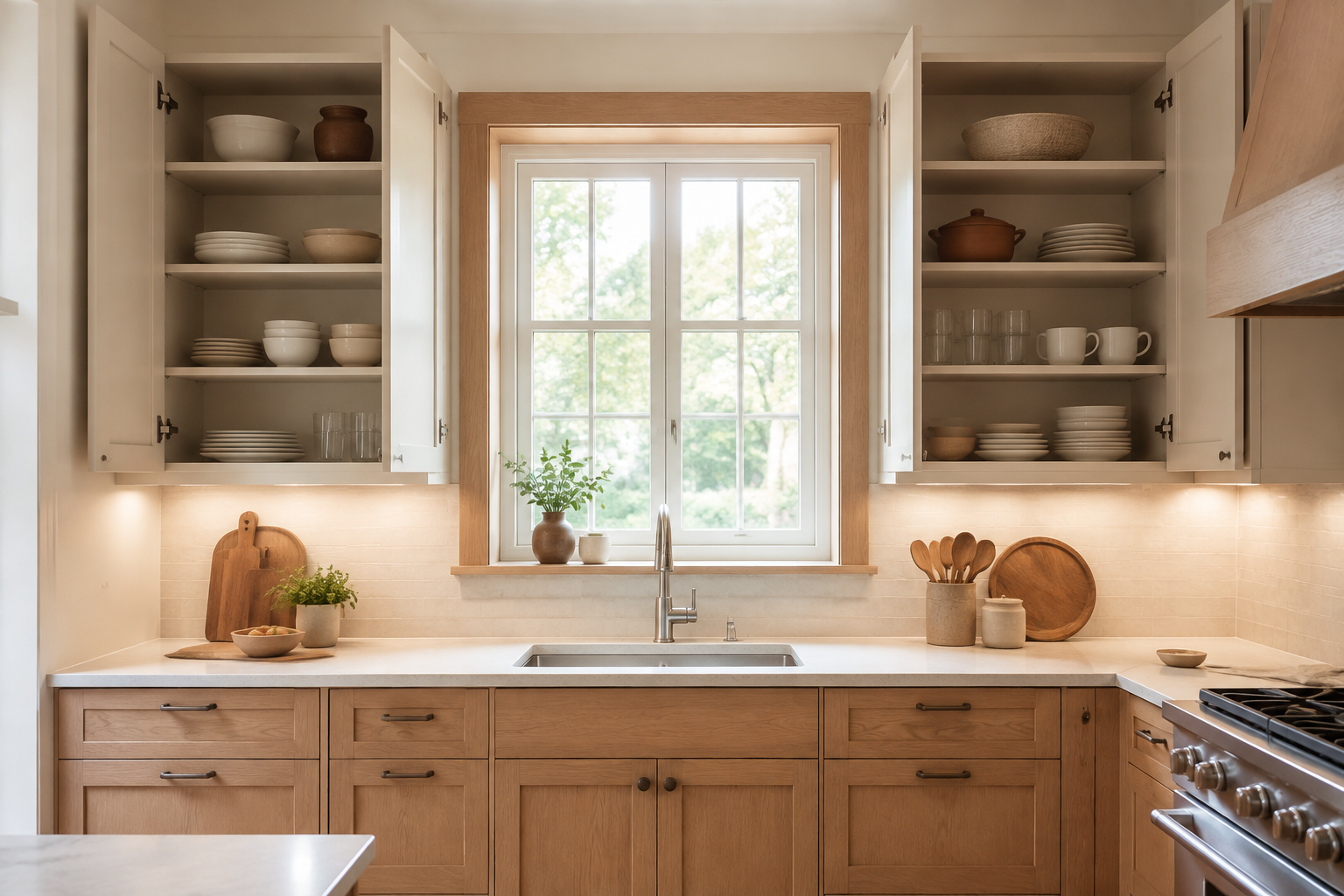 Wall cabinets arranged around a window and work surface with doors open and clear sightlines.