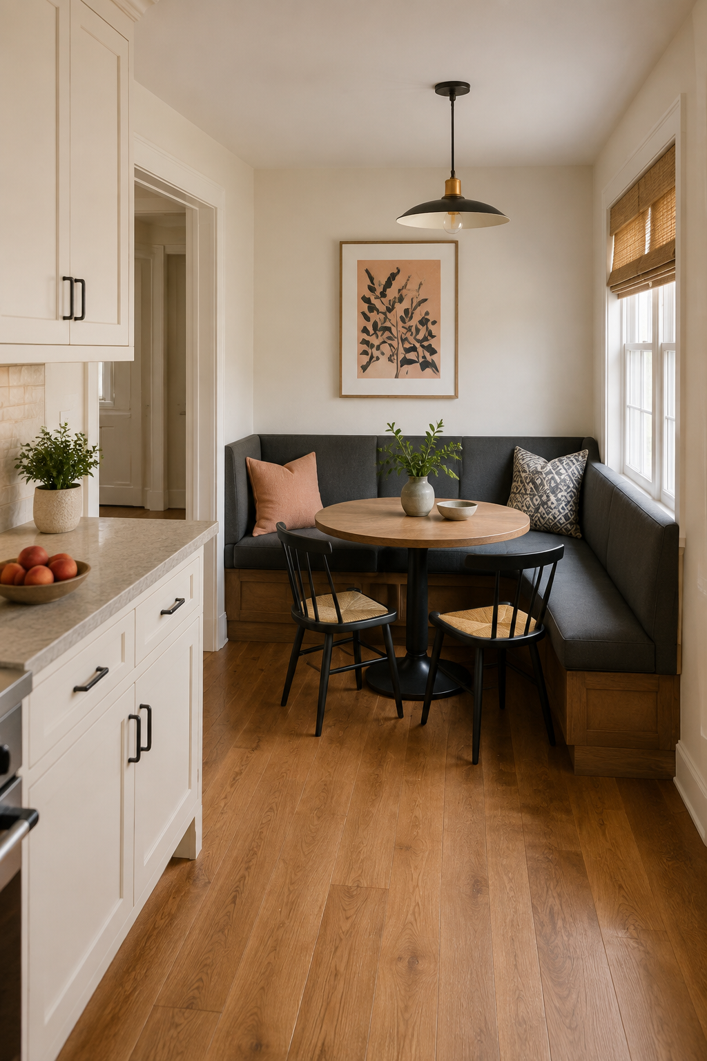 L-shaped upholstered banquette on a solid plinth with a round table and two loose chairs in a breakfast nook beside cream cabinetry.