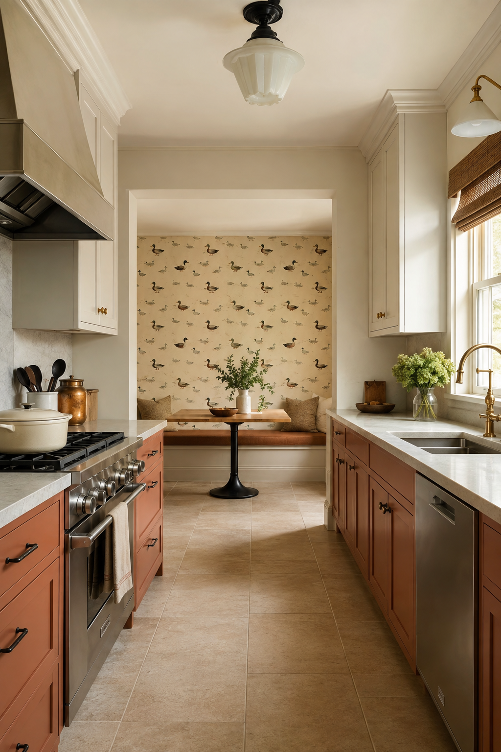 A rust-and-cream galley with a vented range, separate sink, clear aisle, and duck-motif banquette beyond the work zone.