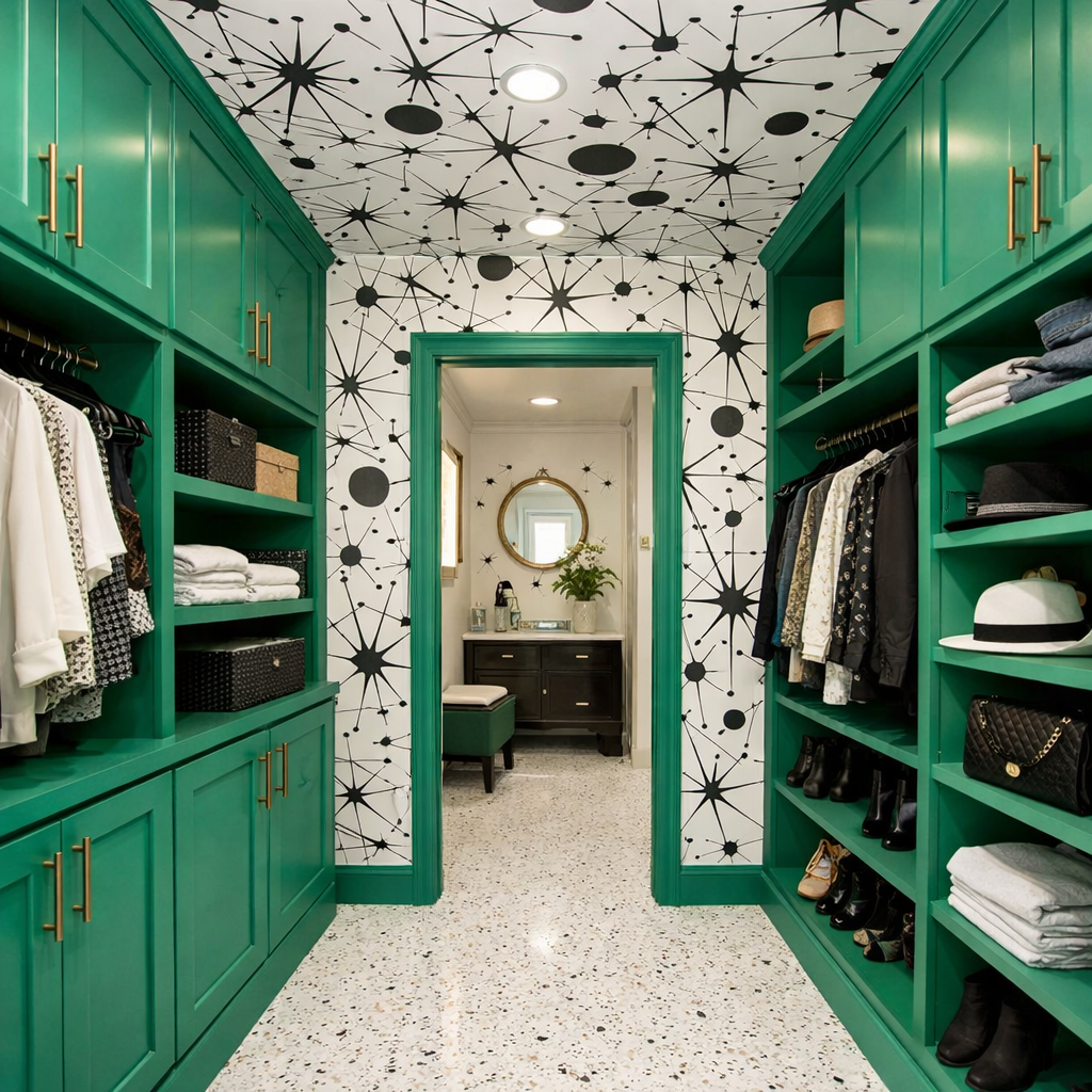 A deep-jade pass-through closet where green cabinetry, black-and-white wallpaper, pale floor, and brass hardware meet at clear boundaries.