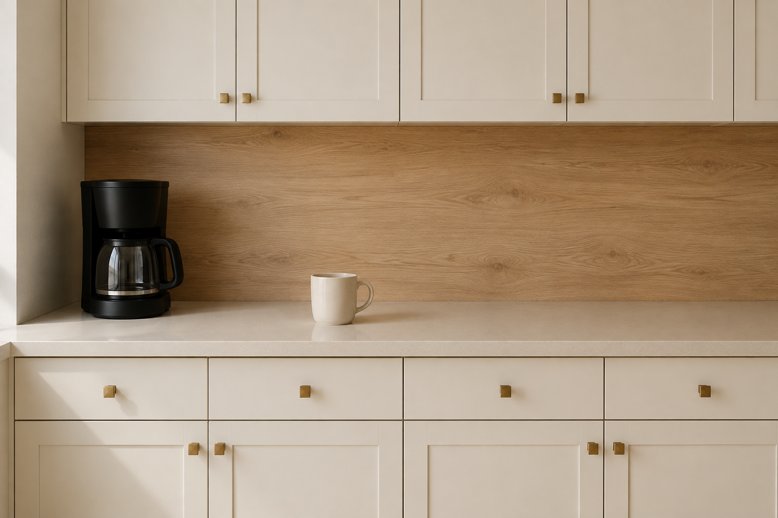 Coffee machine at one end of a niche with a clear adjacent landing surface for a mug, carafe, and small tray.
