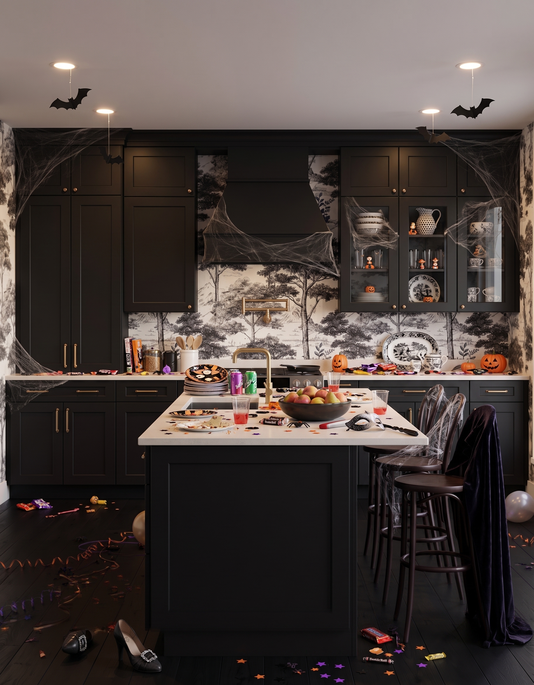 Black kitchen cabinetry with monochrome woodland toile, pale counters, dark wood stools and small orange Halloween accents.