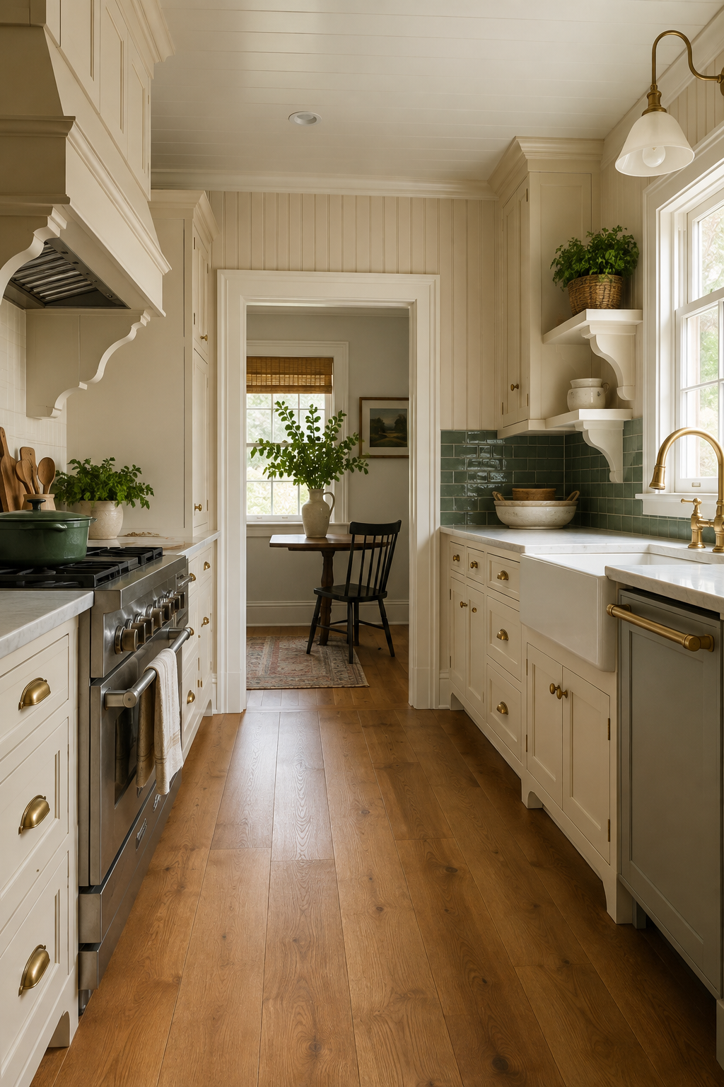 A cream cottage kitchen with repeated traditional details and a small dining nook beyond the cabinet runs.