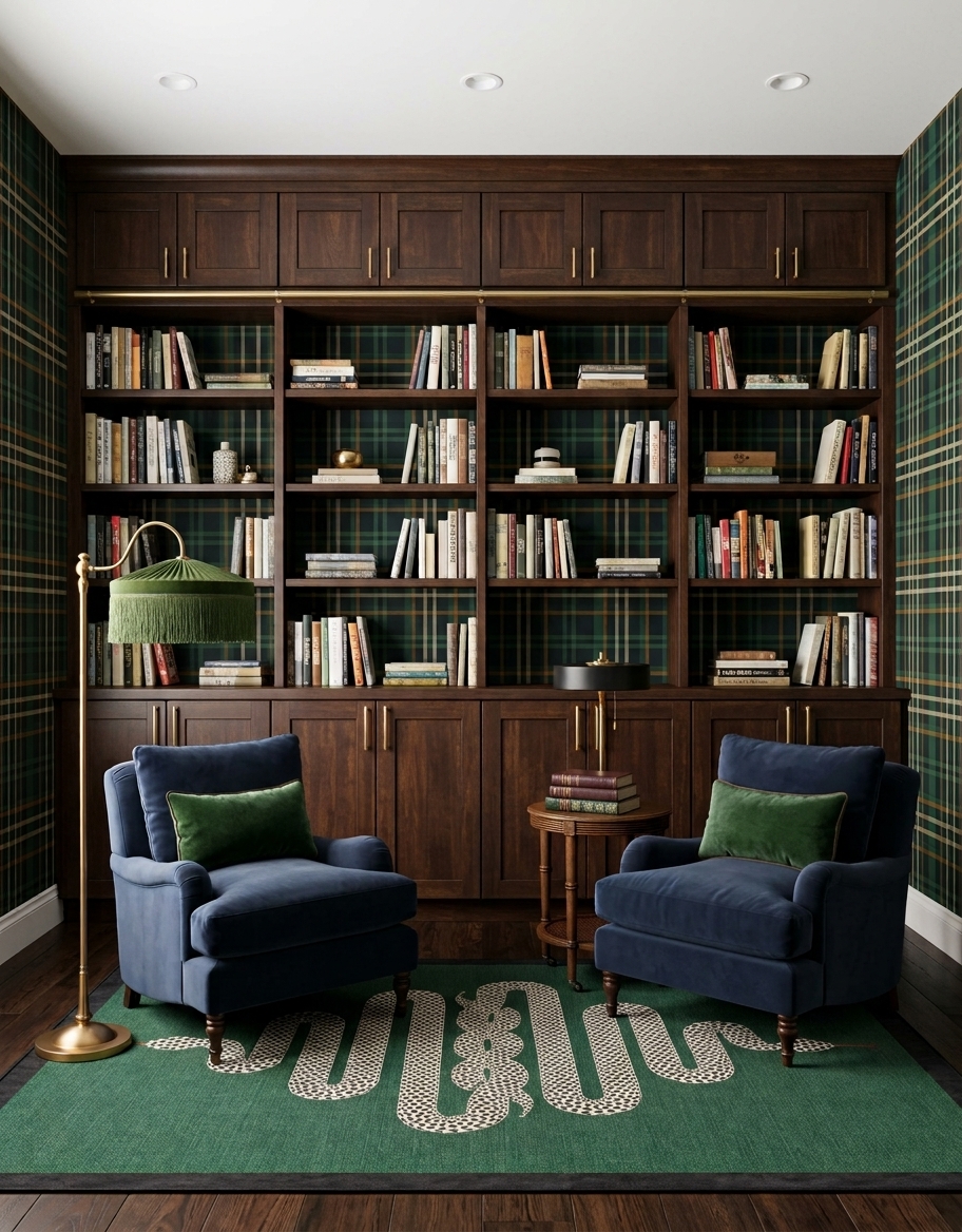 Dark-wood library concept with green plaid wallpaper, two navy-blue reading chairs, green cushions, a fringed floor lamp and a green rug with a snake motif.