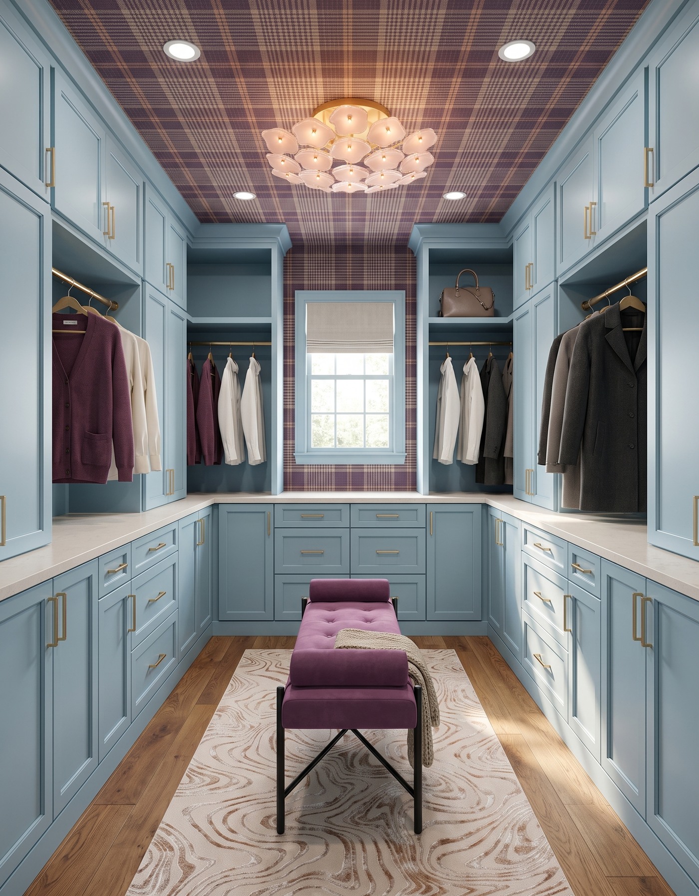 AI-created concept: Soft-blue closet cabinets surround a plum bench beneath plaid wallpaper and a blush floral light.