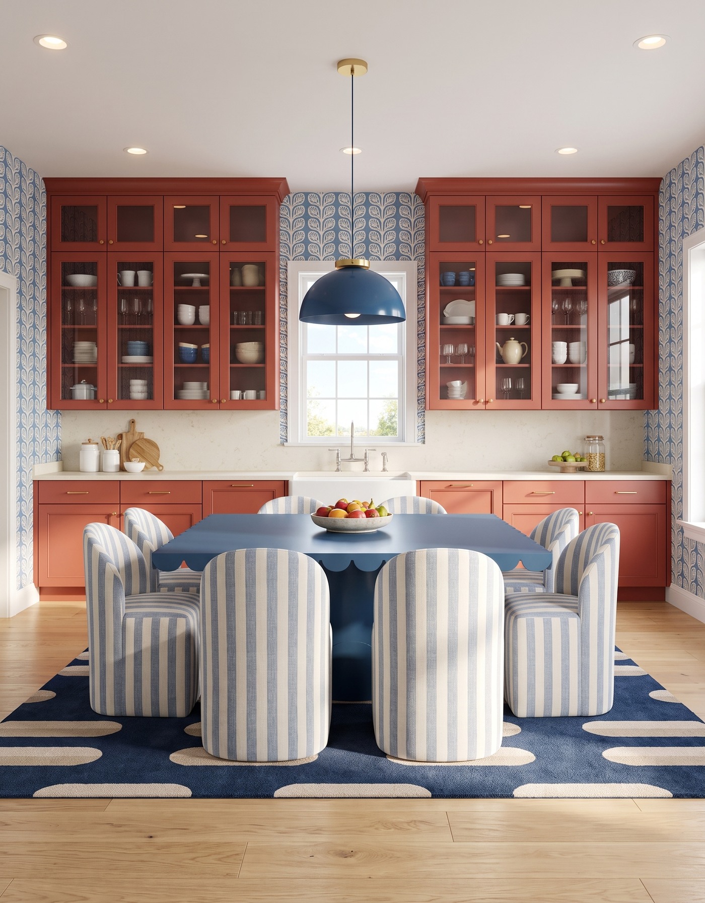 AI-created concept: Burnt-orange kitchen with blue leafy wallpaper, blue-and-cream striped chairs and a scalloped blue table.