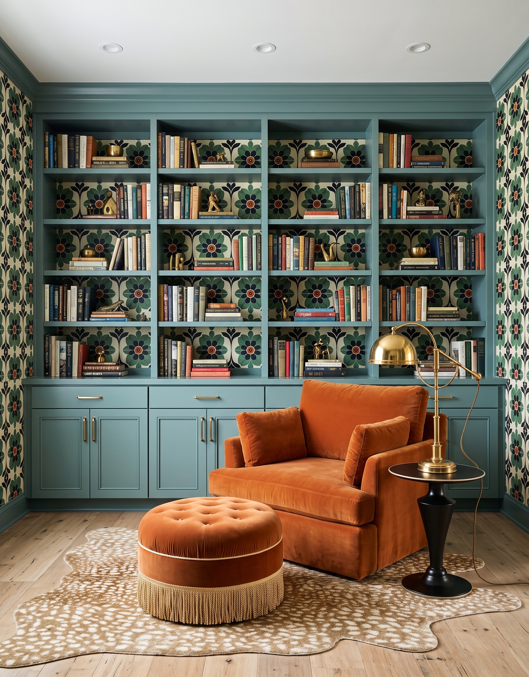 Smoky-teal bookcase concept with oversized floral wallpaper, a burnt-orange chair and fringed ottoman, a brass reading lamp and a pale patterned rug.