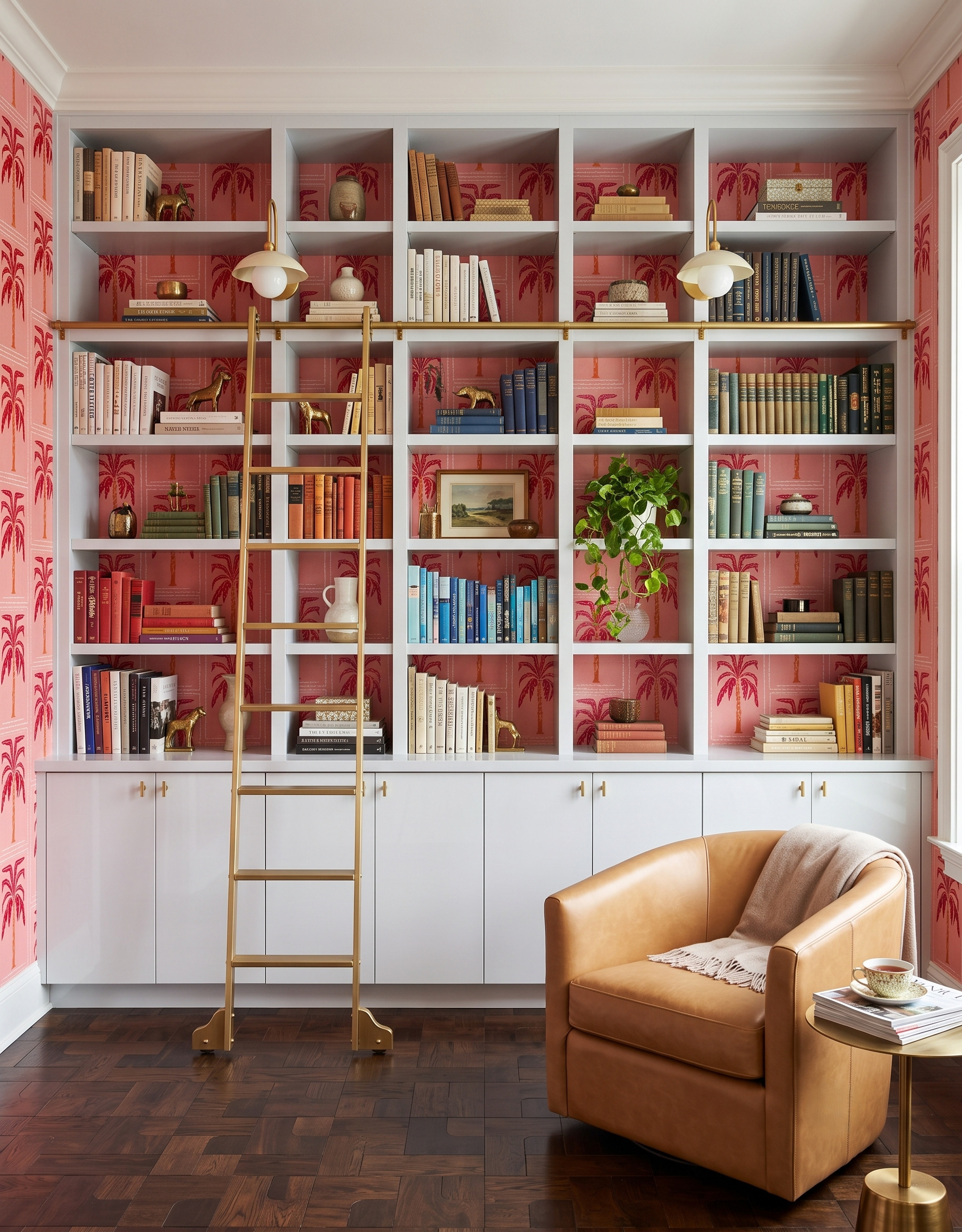 White bookcase with pink palm wallpaper, a brass library ladder and a rounded caramel chair beside a small gold table.