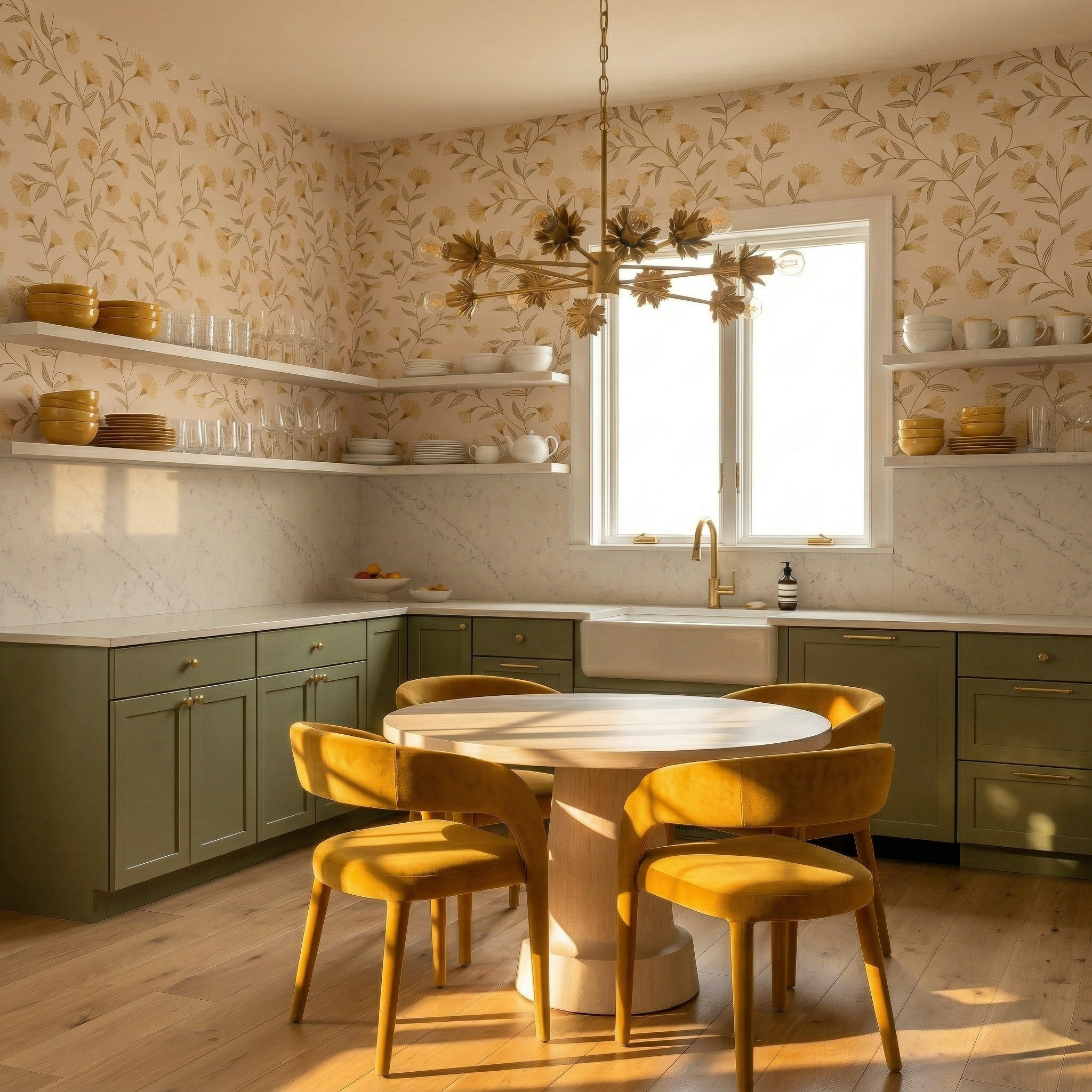 Anna design concept showing sage, contrasting materials, cabinetry and layered interior details.