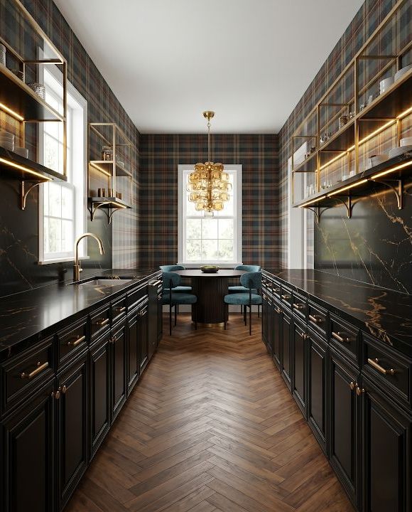 Concept image of a dark galley kitchen with plaid walls, open shelves, a table beyond the cabinet runs, and a warm herringbone wood floor leading toward a window.