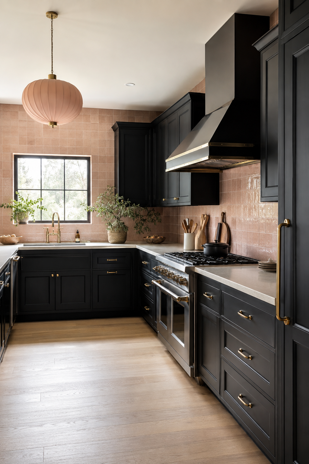 A black kitchen softened by blush tile and a pink pendant, with a vented range and unobstructed work aisle.