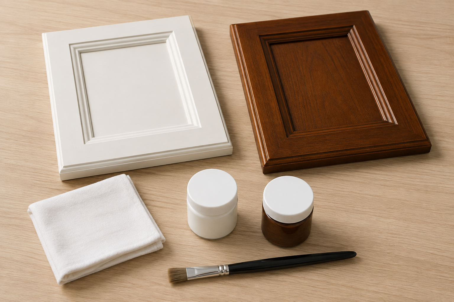 Closed plain paint and stain touchup jars, clean brush, cloth, and separate painted and stained solid cabinet-door samples on a worktable.