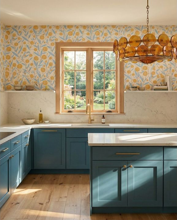 Concept image of a blue kitchen with yellow floral wallpaper, amber glass chandelier lights, and bright daylight from a wood-trimmed window.