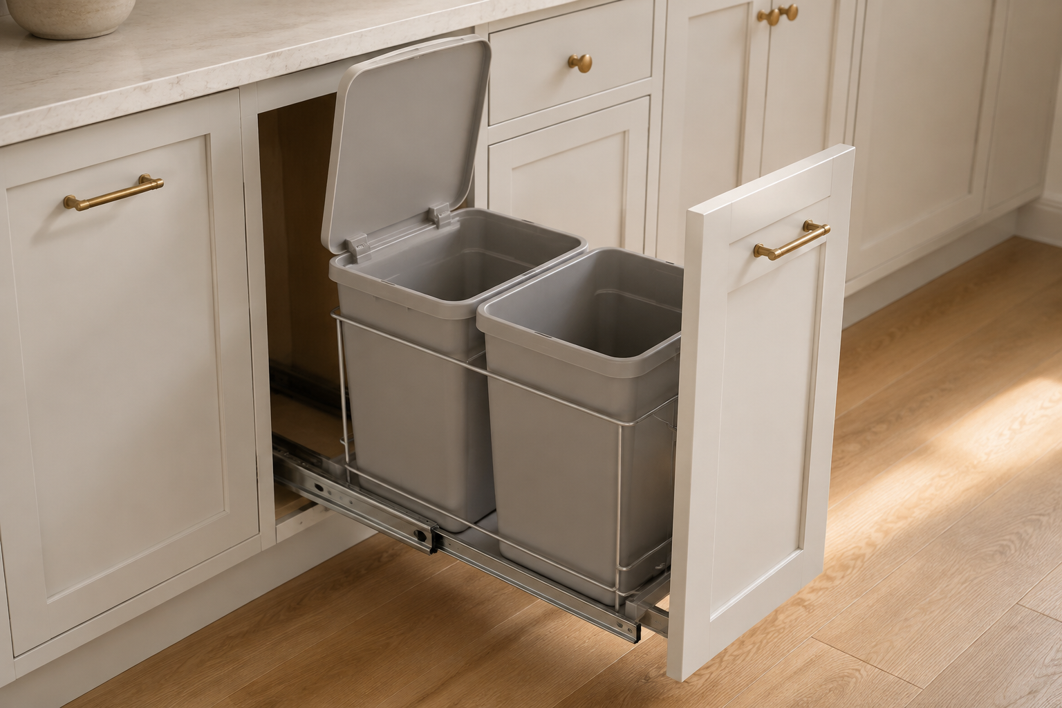 Two-bin pullout fully extended with both containers clear of the cabinet opening and one lid lifting without collision.