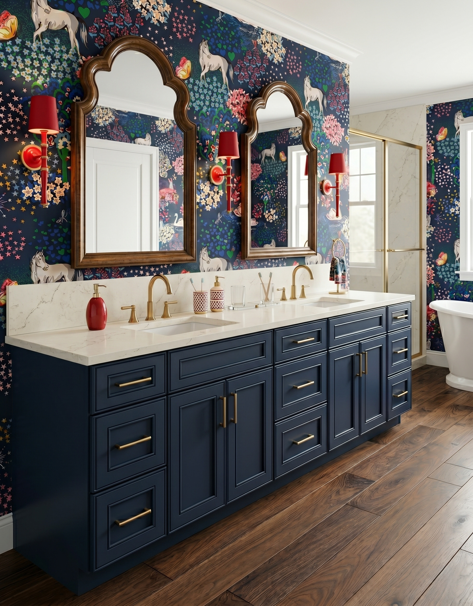 Navy double vanity below dark horse-and-flower wallpaper, with curved wood mirrors, red shaded sconces, gold faucets and a warm wood floor.