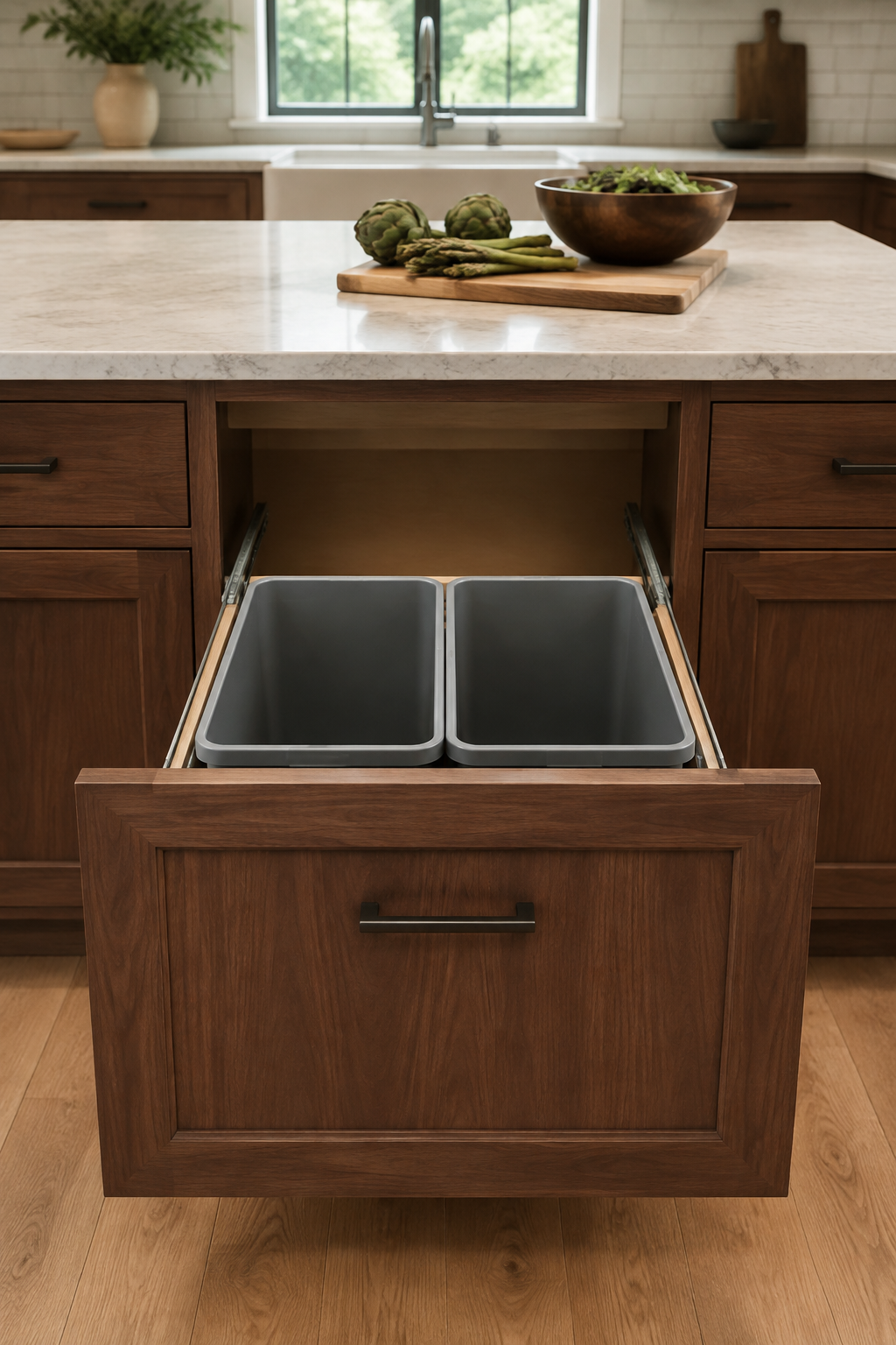 Concept image of a two-bin waste pullout with an attached cabinet front and full-extension slides beneath a clear walnut island prep counter.