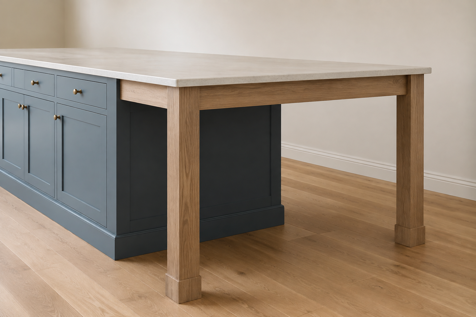 Generated close view of a blue island counter extension carried by an oak apron and two square wood legs.