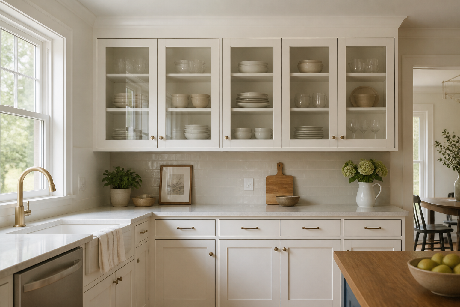 Warm white kitchen with clear glass-front upper cabinets holding ordinary neatly grouped dishes.