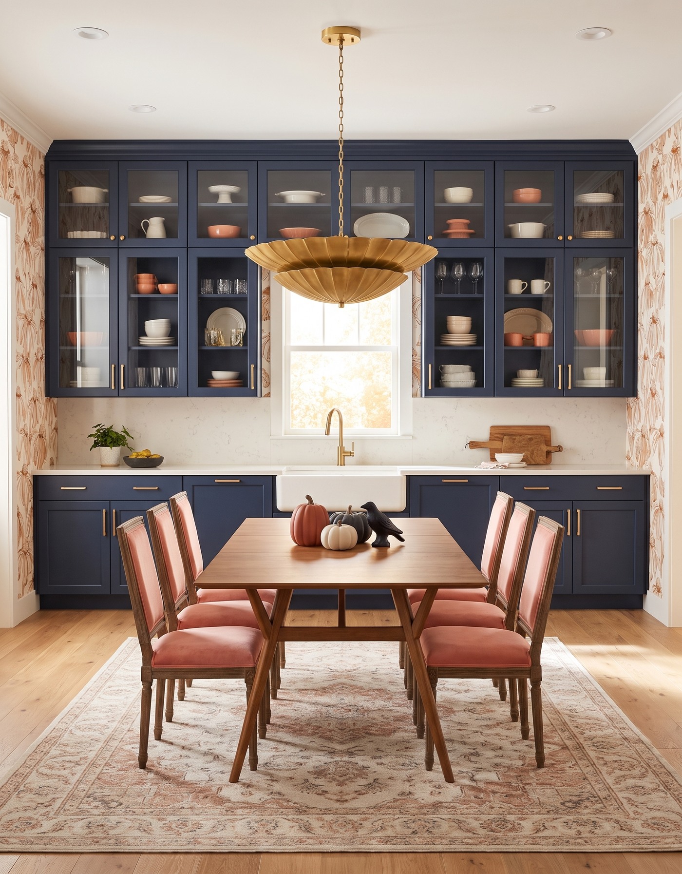 AI-created concept: Navy kitchen with cream-and-camel botanical walls, coral chairs and pumpkins on a wood dining table.